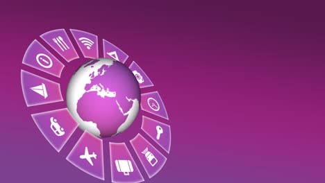 animation of travel icons with globe and copy space on pink background