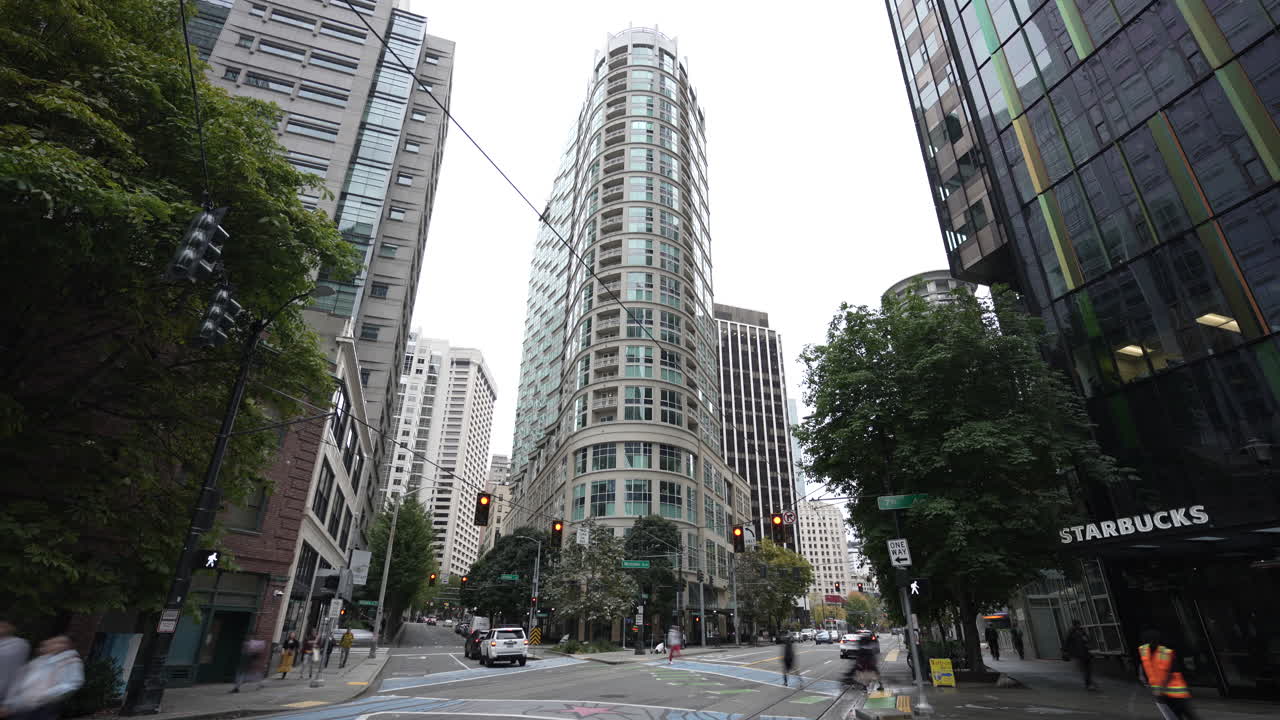 City Street View with Modern Skyscrapers and Starbucks