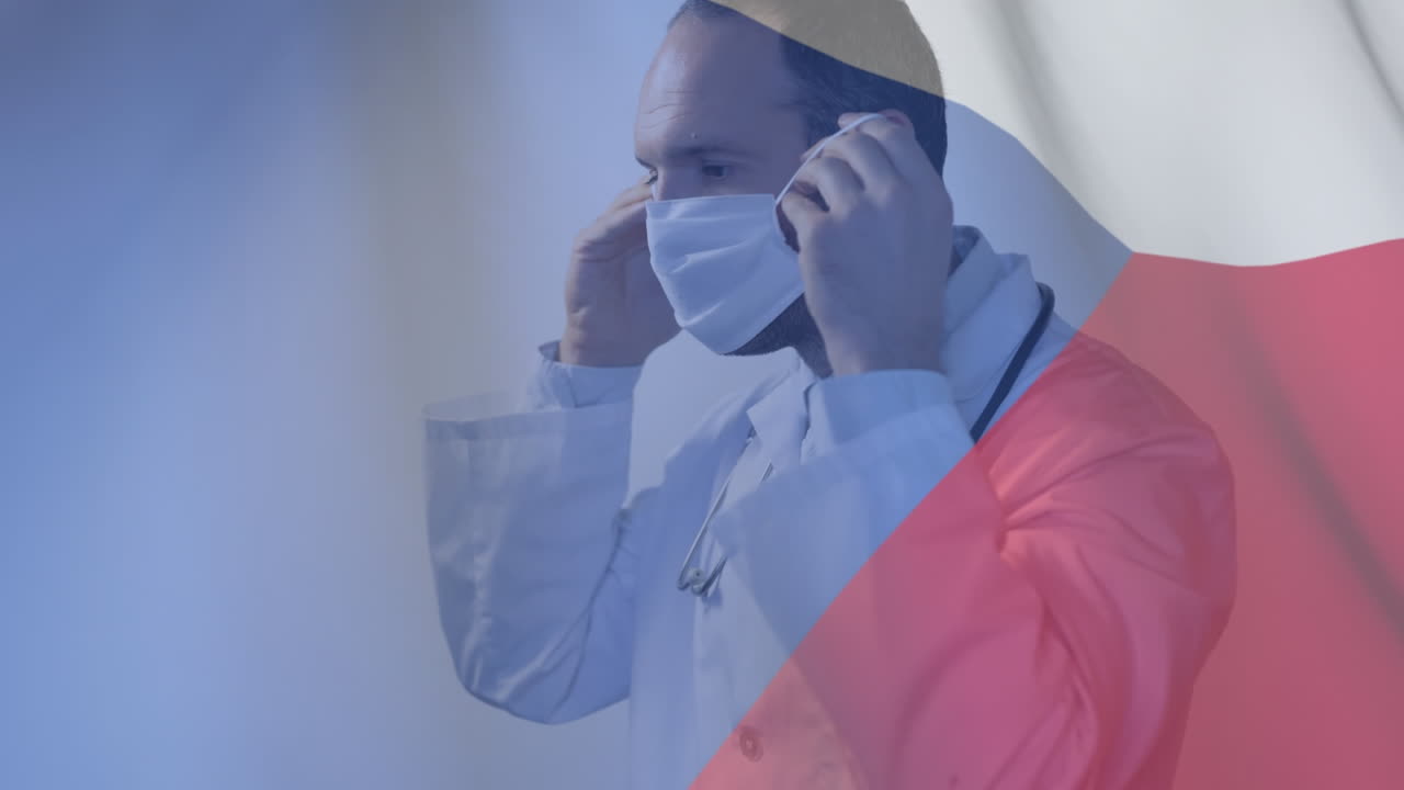 체코 공화국 은 얼굴 마스크 를 착용 한 남성 의사 에게 손 을 흔들고 있다