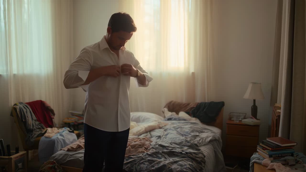Man Buttoning His Shirt in a Bedroom