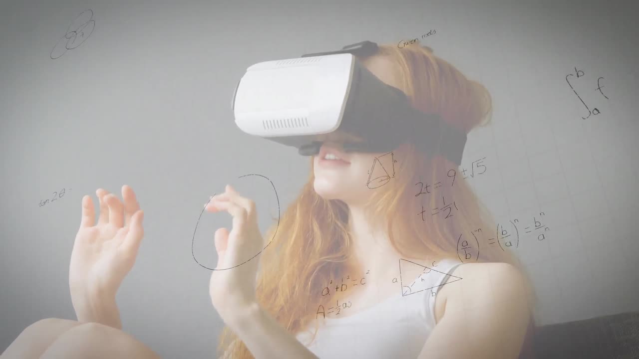 animación de dibujos matemáticos y ecuaciones sobre mujer usando auriculares vr