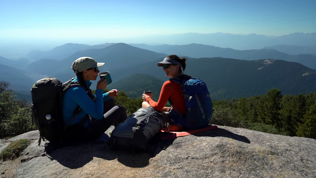 Two hikers relaxing on a mountain summit with a panoramic view