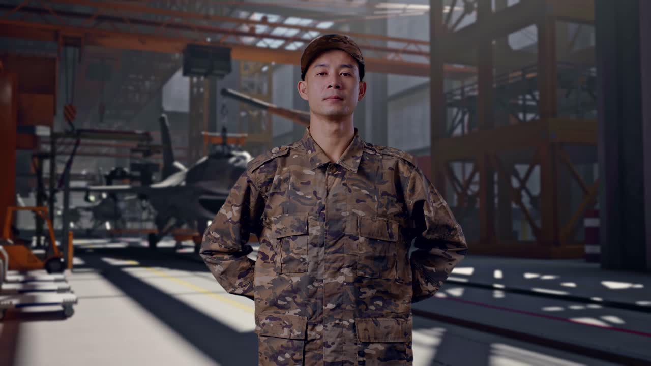 군사 격납고에 서 있는 위장복 차림의 진지한 군인