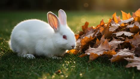 a curious white rabbit exploring fallen autumn leaves in a sunlit garden, capturing the beauty of nature's transition from summer to fall