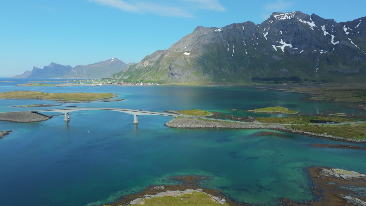 Captivating aerial view showcasing the Flakstad bridges amid the stunning landscapes of the Lofoten Islands with crystal clear waters beneath