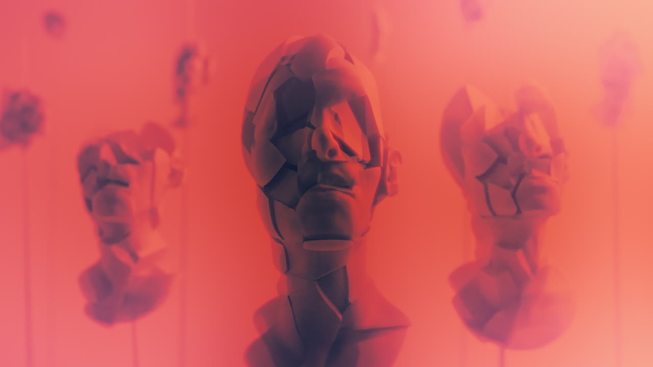 Destroyed android heads on spikes on the neon pink background