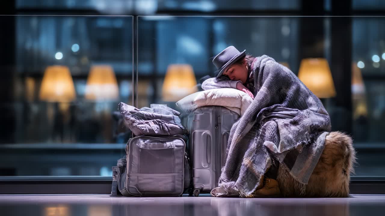 A weary traveler rests at an airport late at night, surrounded by luggage and a plush blanket, conveying the struggles of travel and the need for comfort in a bustling environment