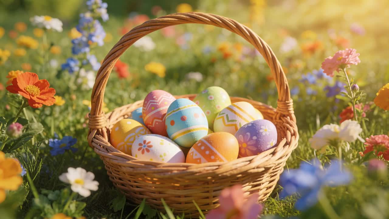Camera pushing forward, framing woven wicker basket in low meadow, revealing pastel Easter eggs