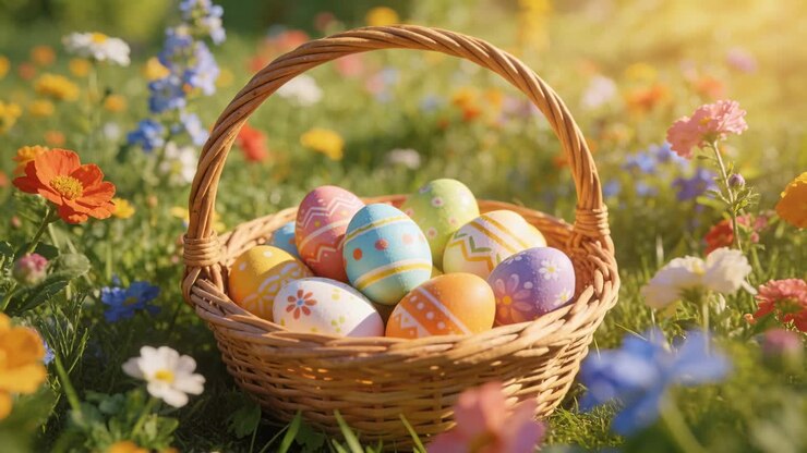 Camera pushing forward, framing woven wicker basket in low meadow, revealing pastel Easter eggs