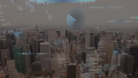 animation of data processing against aerial view of cityscape