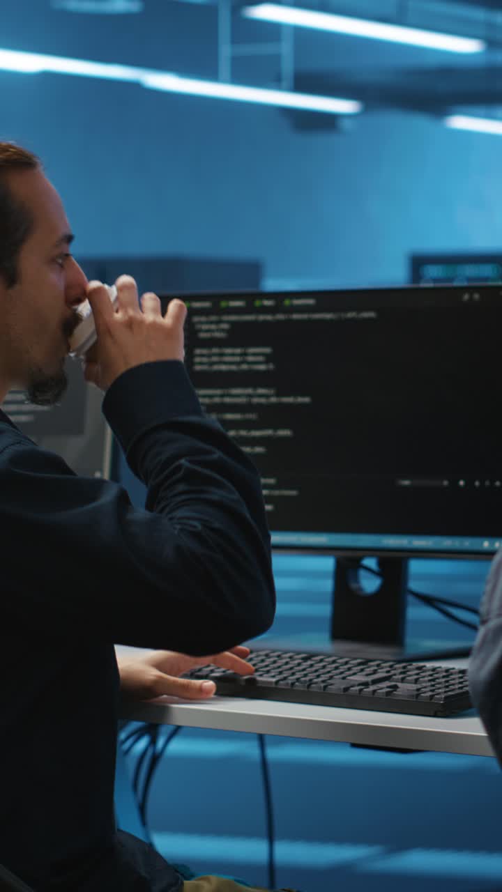 Male Developer Typing Code on Computer in Dark Office