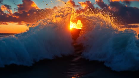 beautiful sunset over ocean waves with dramatic clouds in background