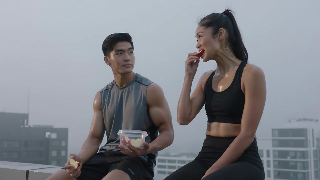 健身后，两位身材健硕的人穿着健身服坐在屋顶边缘，从容器中分享苹果片。