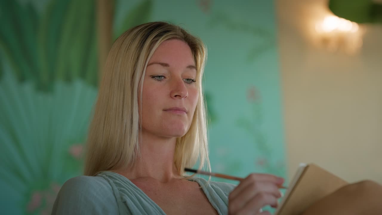 Pretty blond woman writing on paper, puts pen under mouth to think, journaling, stress relieve