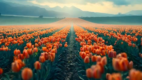 un campo de tulipanes naranjas con montañas en el fondo