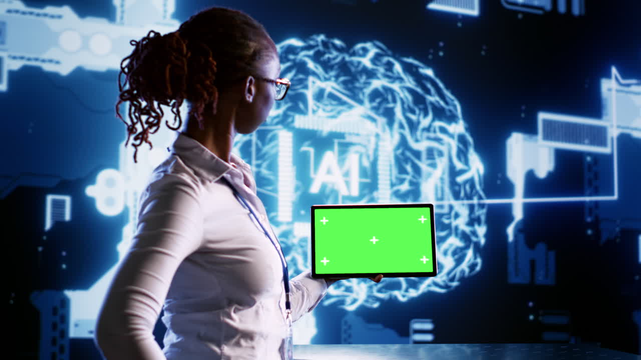 Mockup tablet AI human brain simulation