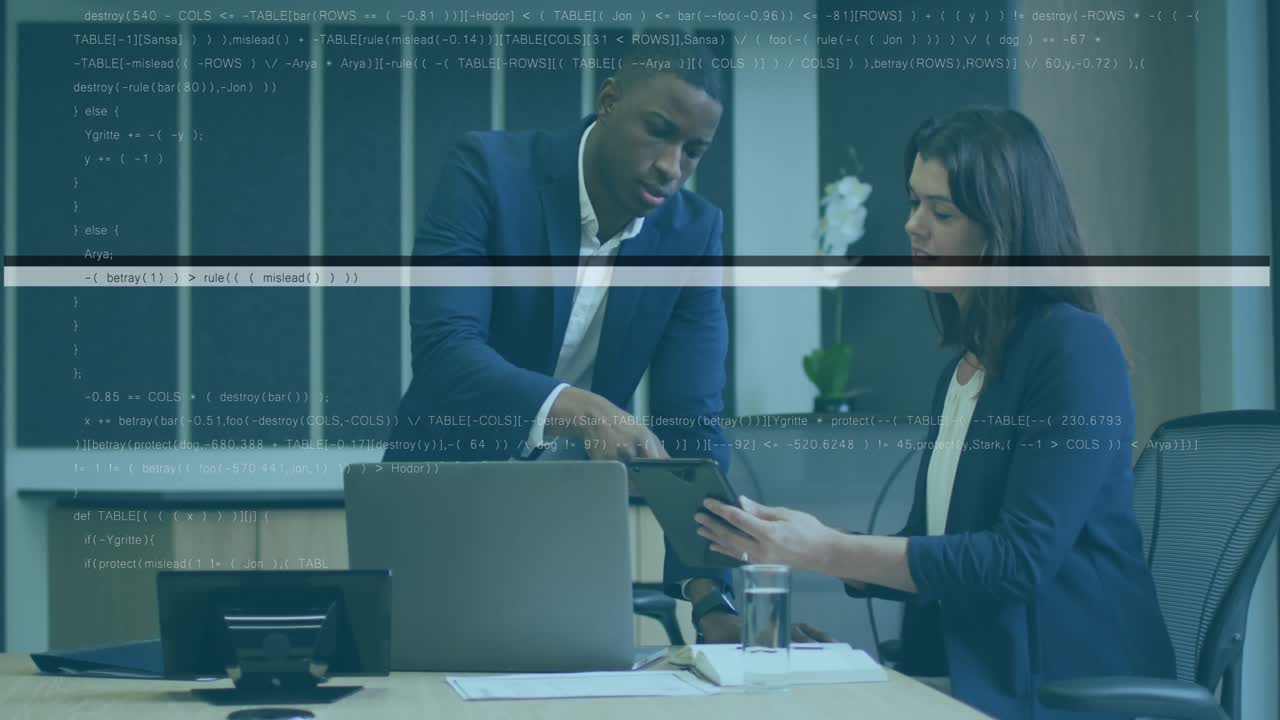 Animation of financial data processing over business people working in office