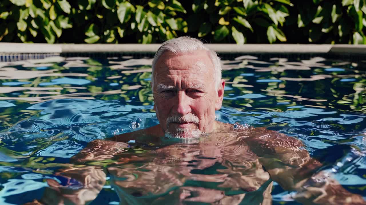 un anciano con cabello blanco y bigote disfruta de un momento de ocio y tranquilidad, sumergiéndose en el refrescante agua de una piscina durante un día soleado
