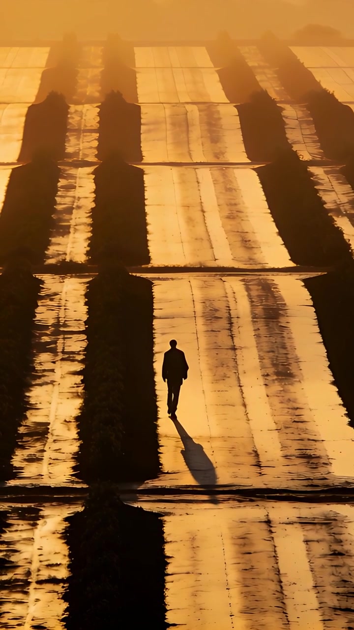 Vertical video: Walking man in jacket and pants, following low sun on furrowed road, casting shadow