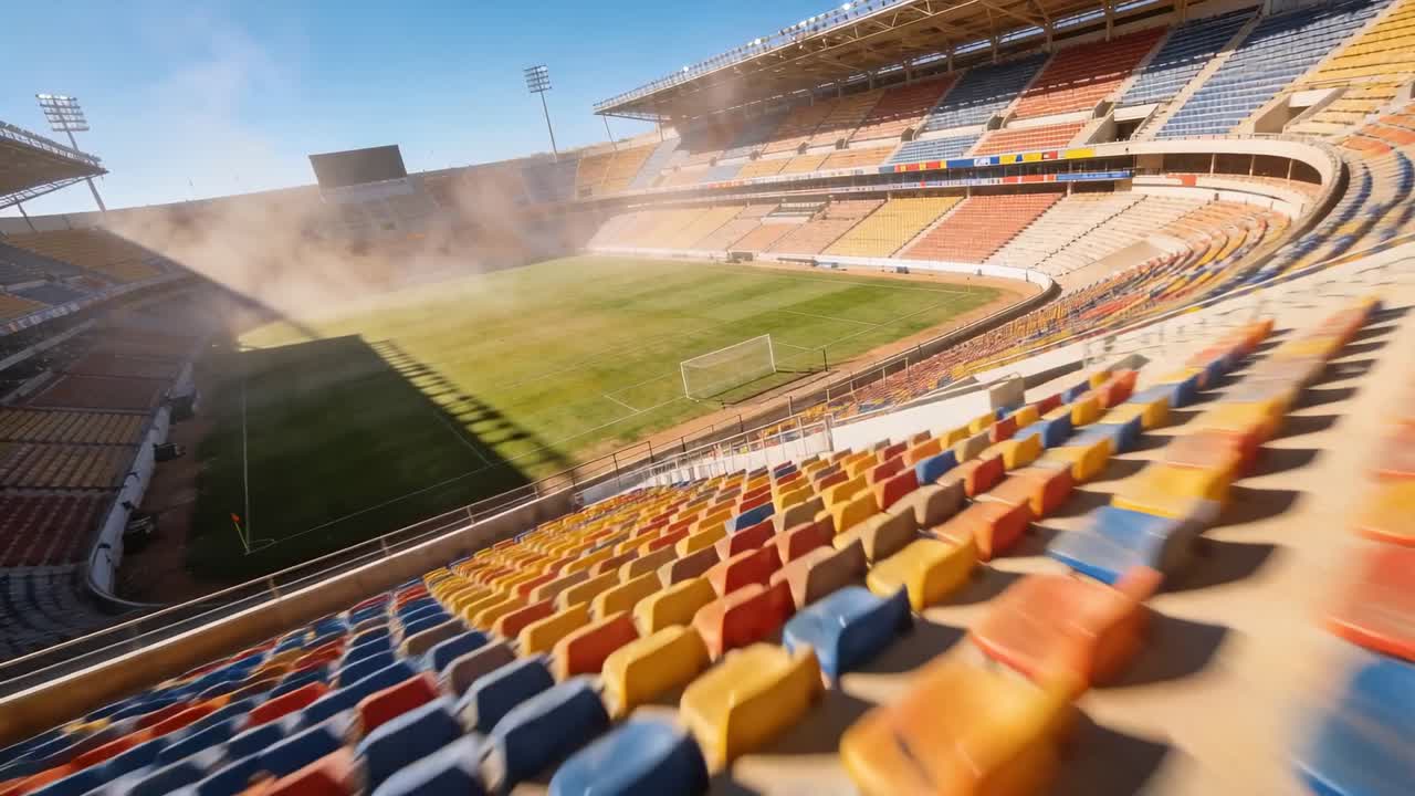Telecamera drone che sorvola uno stadio di calcio per ispezione, rivelando sedili e polvere.