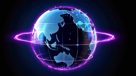 futuristic video concept of a glowing digital globe with a high-angle view, featuring vibrant neon