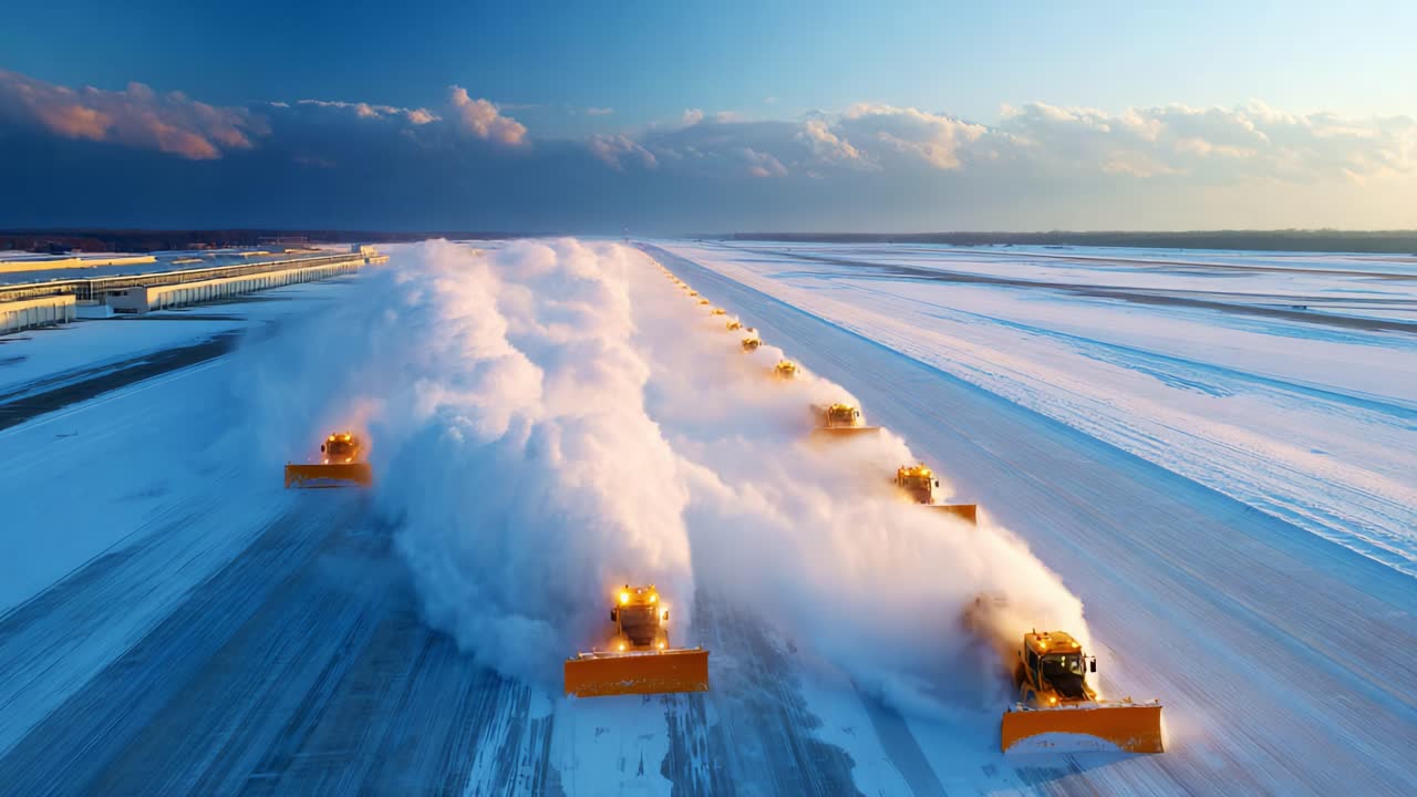 Aerial View of Powerful Snow Plows Efficiently Clearing Runway Snow with Brilliant Sunset Backdrop, Showcasing Winter Weather Operations at an Airport Facility