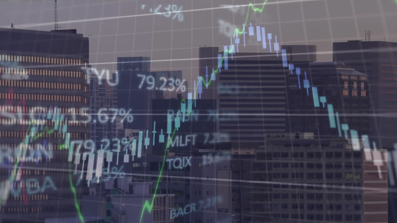 animación del procesamiento de datos financieros y bursátiles frente a una vista aérea del paisaje urbano