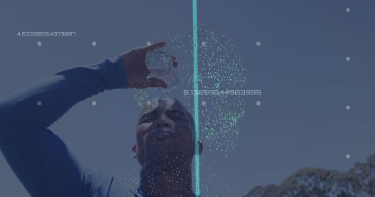 Animation of data processing over african american man with bottle of water