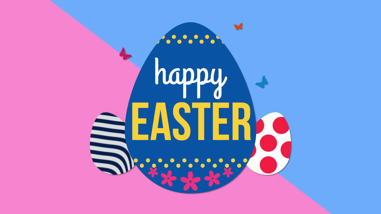 Primo piano animato del testo "Buona Pasqua" e uova su rosa e blu
