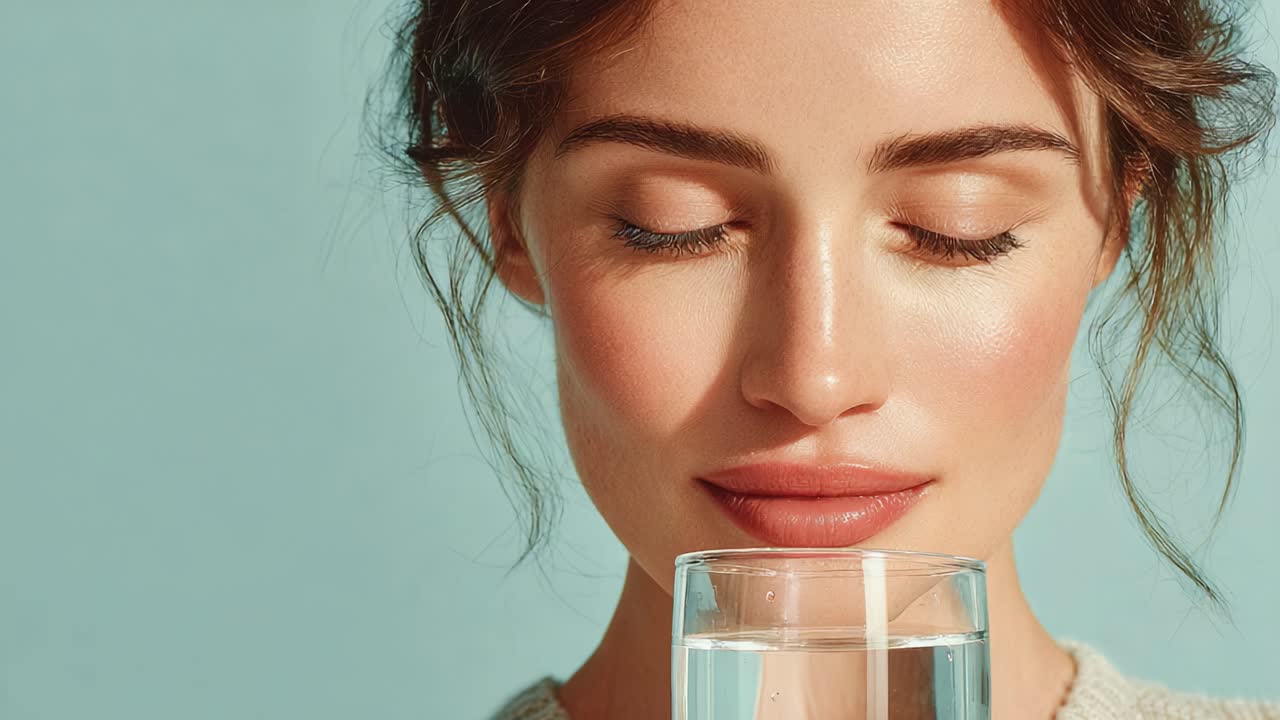 Catturare la serenità: primo piano di una donna con un bicchiere d'acqua, gli occhi chiusi in una riflessione pacifica su uno sfondo blu tenue
