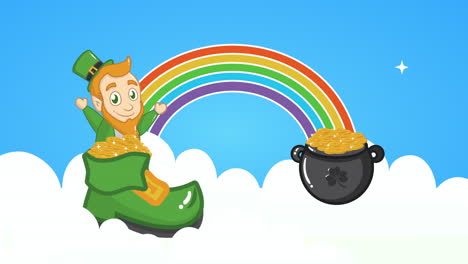 st patricks day animated card with elf and rainbow in boot