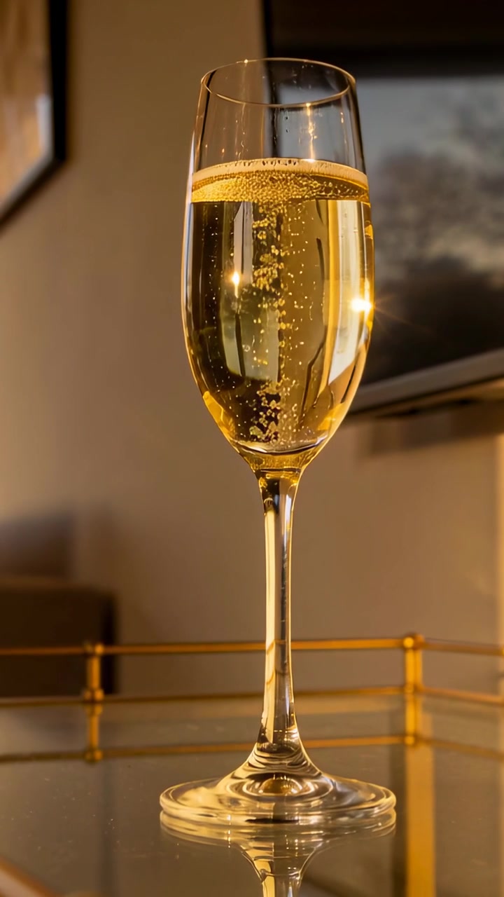 Video verticale: Luce mutevole che rivela un flûte di champagne che bolle su un tavolo di vetro, con un bordo dorato.