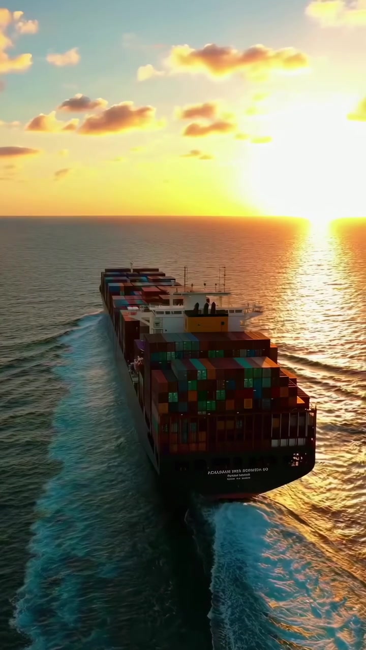 Large Container Ship Sailing Across the Ocean at Sunset