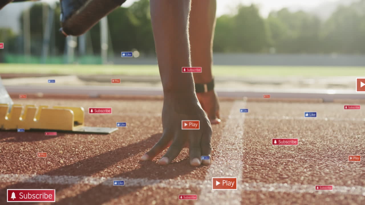 Animation of notification bars over african american athlete taking position at starting point