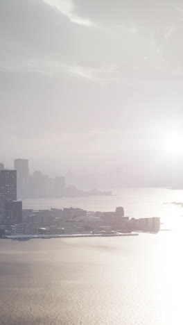 a view of a city skyline at sunset