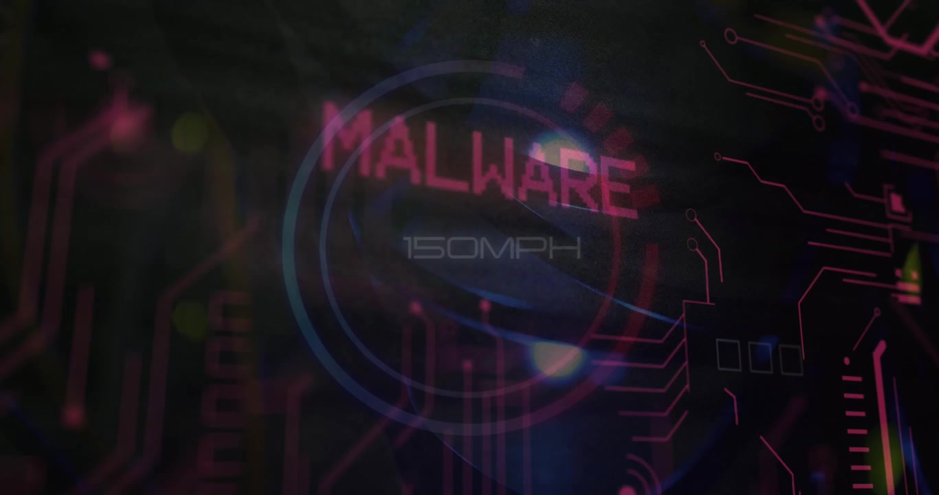 Animation af malware-tekst og databehandling over et computerbundkort.