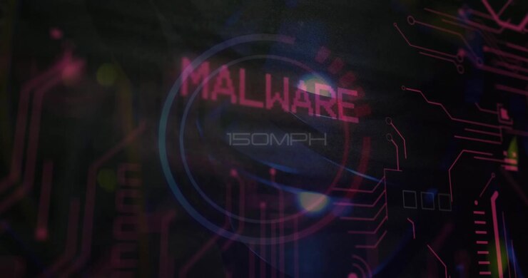 Animation of malware text and data processing over computer motherboard