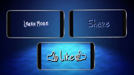 Animation-of-words-Like-Learn-More-and-Share-flickering-on-screens-of-three-smartphones