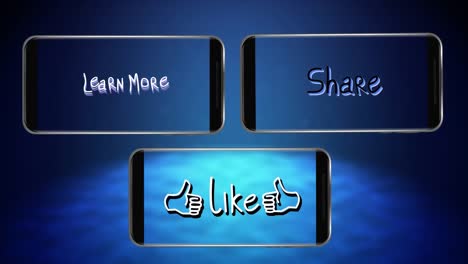 animation of words like learn more and share flickering on screens of three smartphones