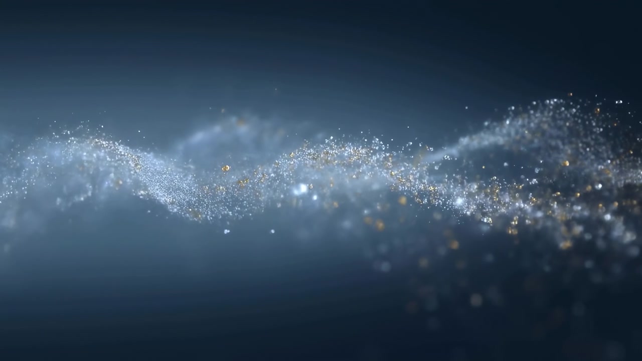 金銀粒子雲閃爍著空靈微塵，飄過深藍色背景，伴隨溫暖金光。