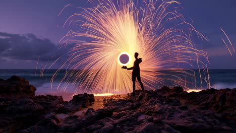 spectacular light painting on a rocky beach at night