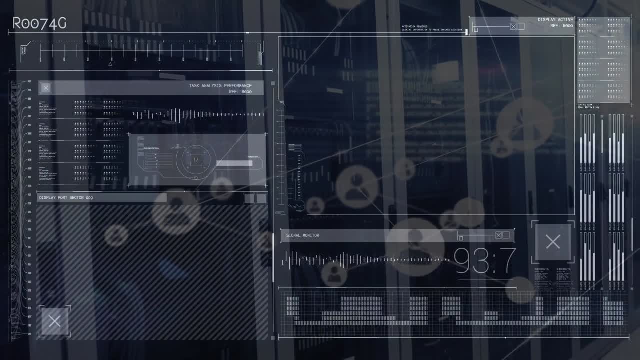 Animation of digital screen and network of connections with icons over servers