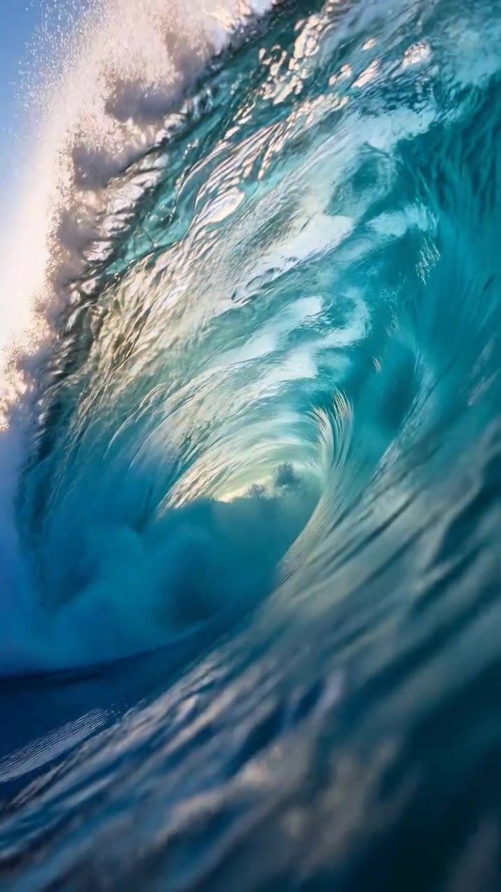 Immersive inside barrel ocean wave forming glossy turquoise tunnel with foamy crest, translucent light, sweeping curve, sparkling spray, deep contrast, strong coastal energy