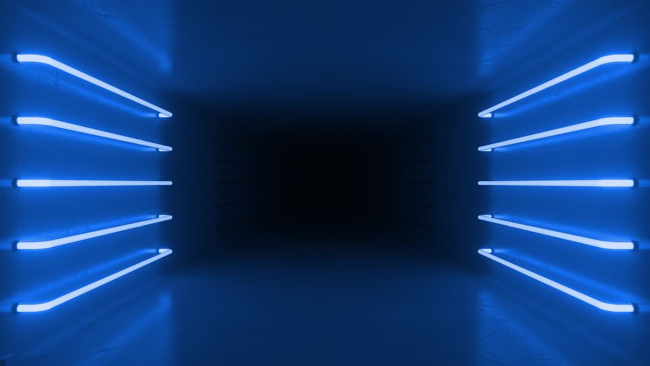 추상적인 파란색 방 인테리어는 파란색 반이는 네온 램프, 형광 램프와 함께 미래의 건축 배경, 콘크리트 벽을 가진 상자, 디자인 프로젝트의 모형, 원활한 루프, 3d 애니메이션, 4k