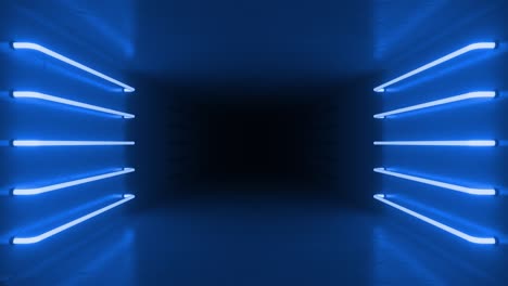 interior de la habitación azul abstracto con lámparas de neón azul brillantes, lámparas fluorescentes. fondo de arquitectura futurista. caja con pared de hormigón. maqueta para su proyecto de diseño. bucle sin costuras animación 3d 4k