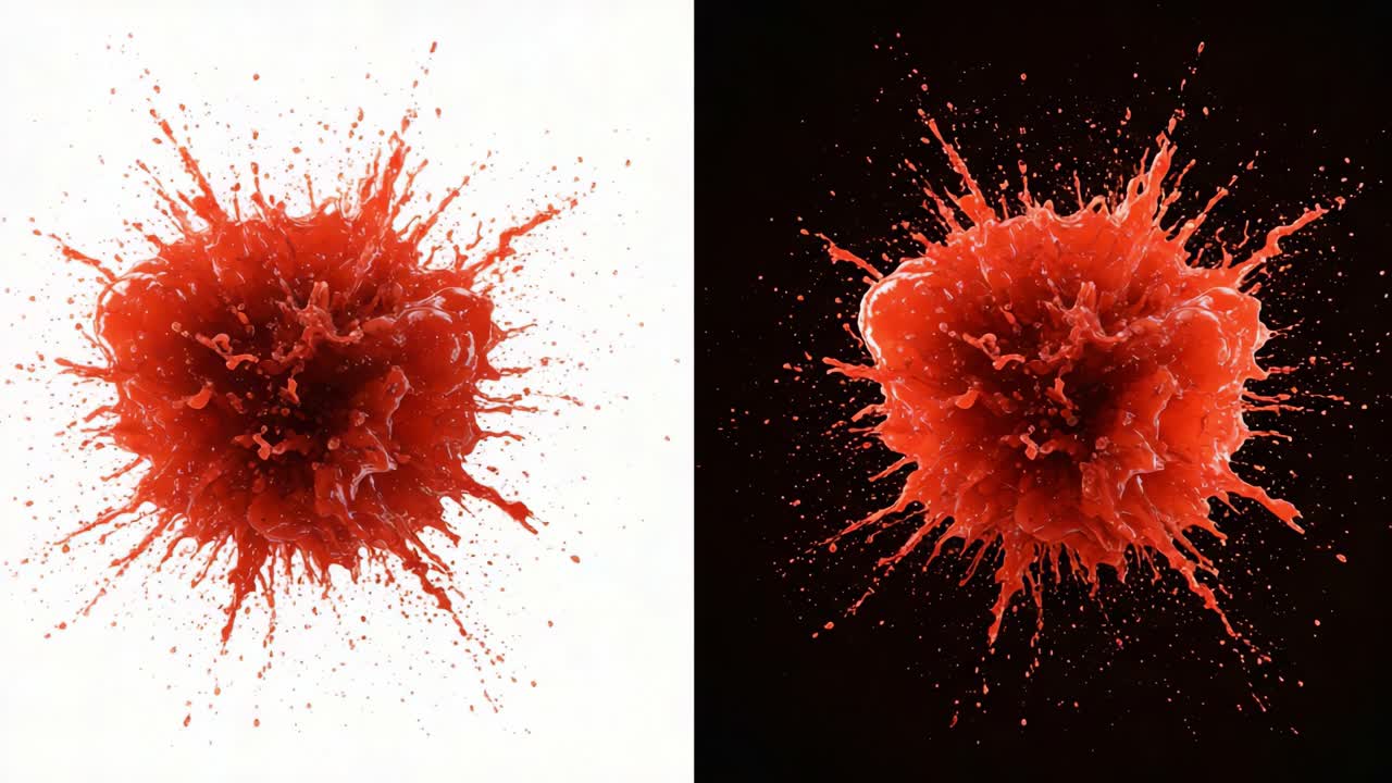 Dynamic Contrast of a Red Splash: Captivating Visual Representation of Energy and Motion Against White and Black Backgrounds