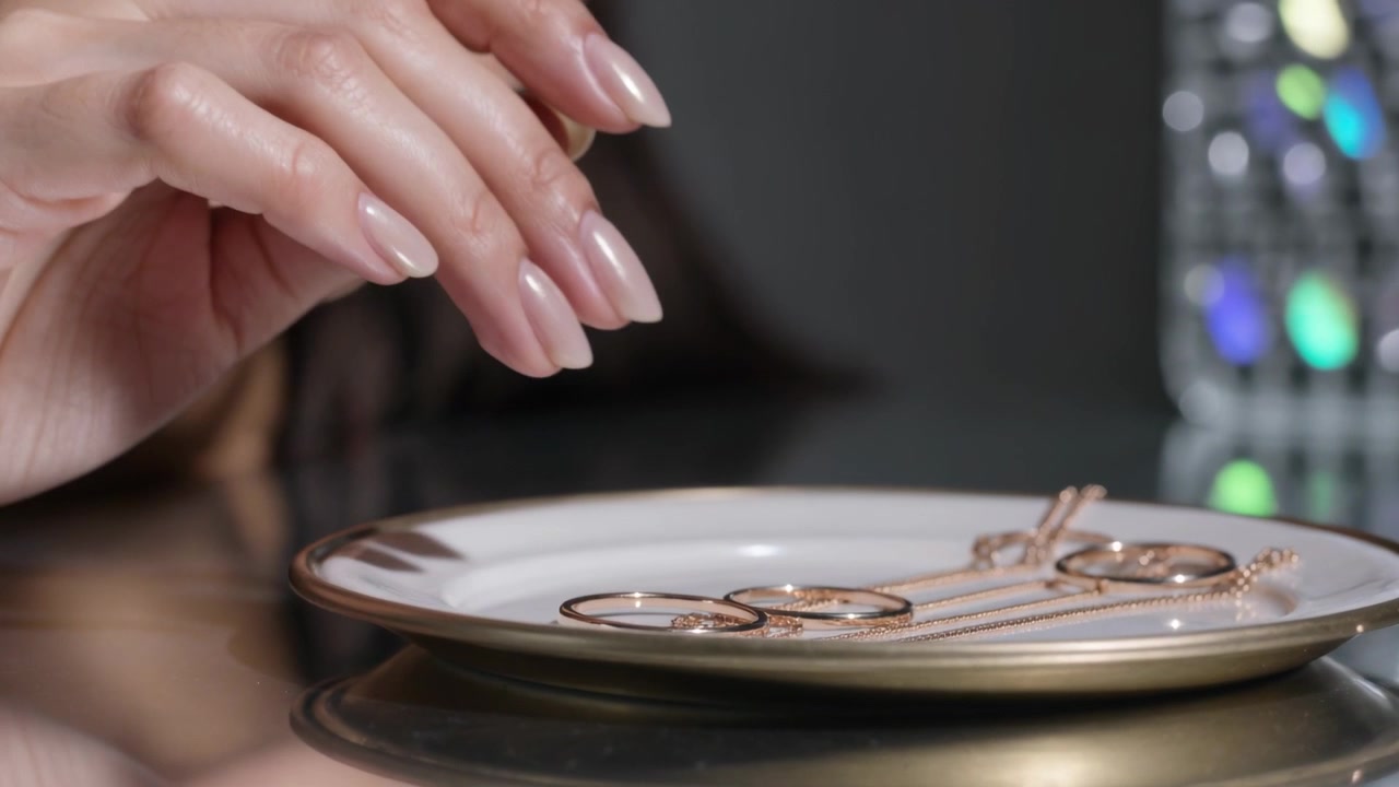 Entrando da sinistra, la mano destra di una donna accarezza anelli in oro rosa su un piatto, posti su un tavolo lucido per esposizione.