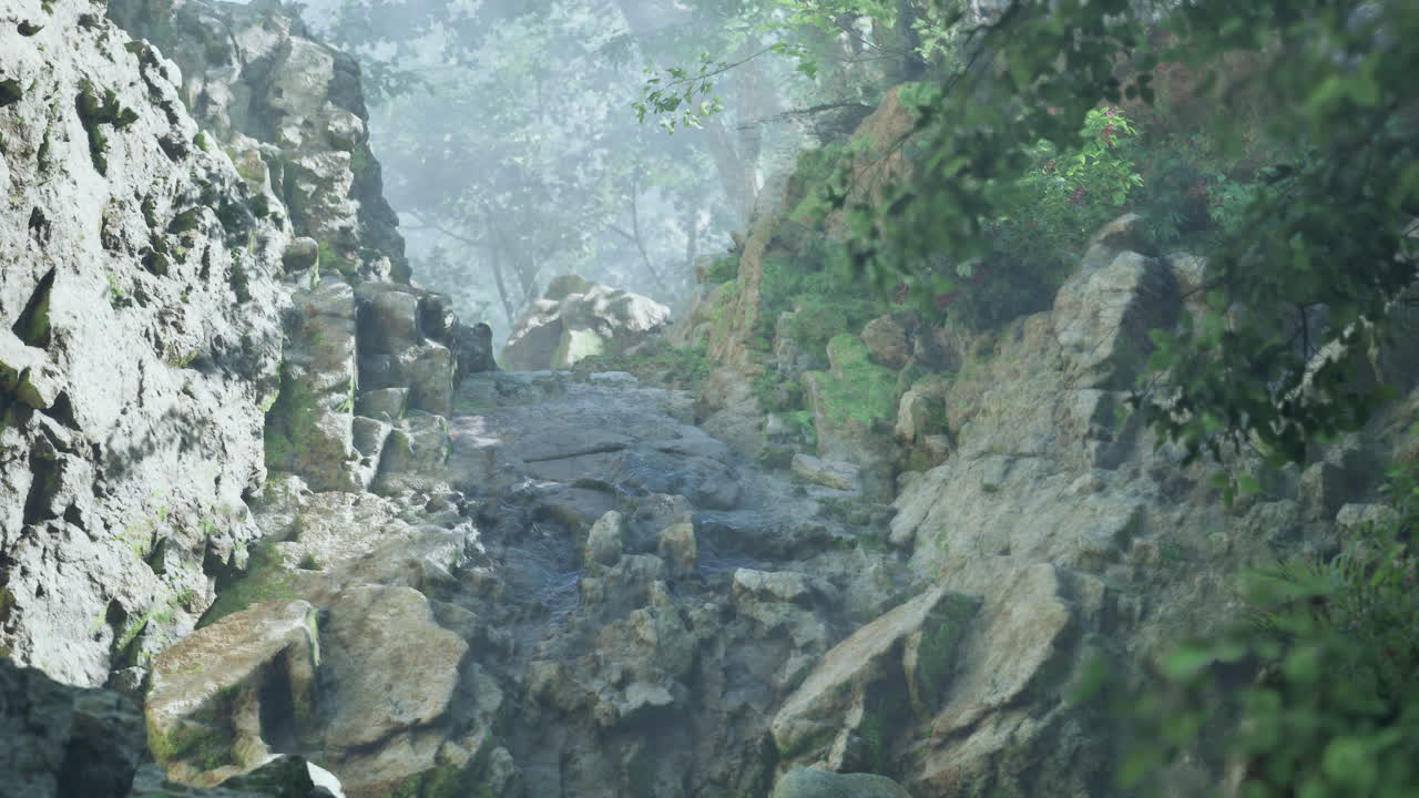 안개 가 가득 한 숲 길 은 바위 가 많은 지역 을 가로지르고 있다
