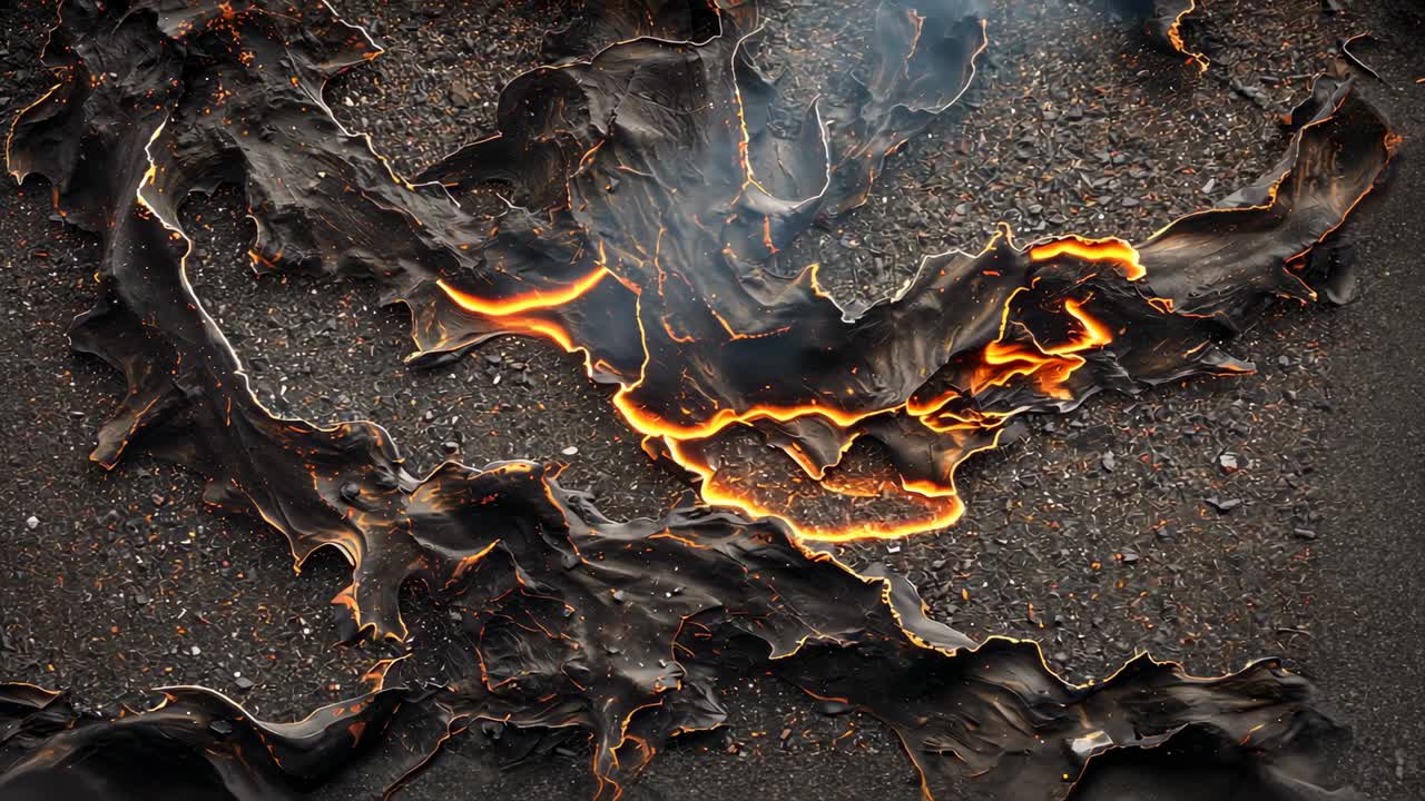 After glowing embers intensifying, charred fragments smoldering on gravel outdoors, with gray smoke
