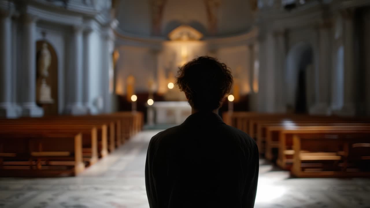 Una figura solitaria si erge in una chiesa serena, contemplando l'atmosfera tranquilla tra il tremolio della luce delle candele e la quieta bellezza dello spazio sacro
